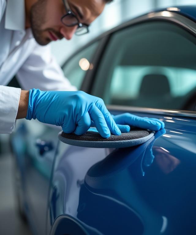 ディテイリング技術者が丁寧にコーティング剤を塗布している様子